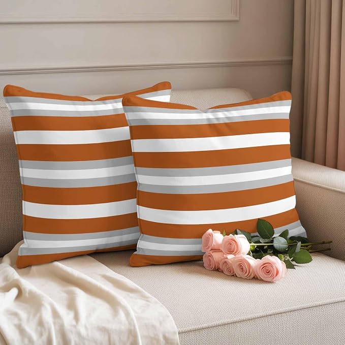 Throw Pillow Covers 16x16 Inch Set of 2, Burnt Orange Grey Stripe Waterproof Outdoor Pillow Covers, Minimalist Farmhouse Striped Decorative Cushion Pillowcases for Couch, Sofa, Bed, Garden, Patio