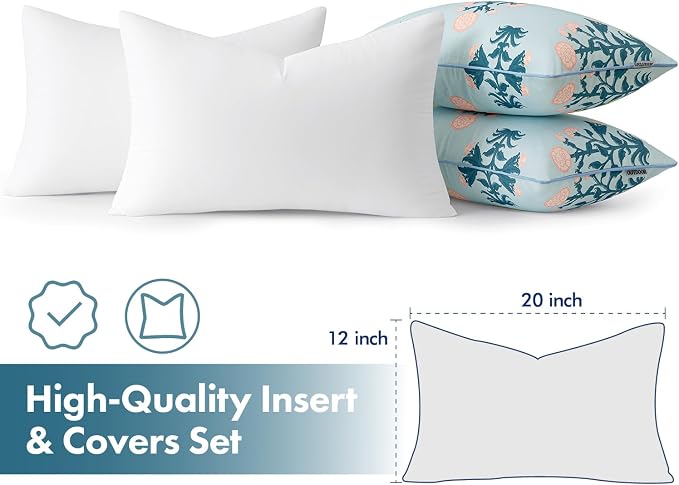 MIULEE Floral Outdoor Lumbar Pillow Covers with Inserts 12x20 Blue Pink | Set of 2 Waterproof Decorative Throw Pillows with Piping,Vintage Fade Resistant, Patio Furniture Summer Garden Couch Sofa