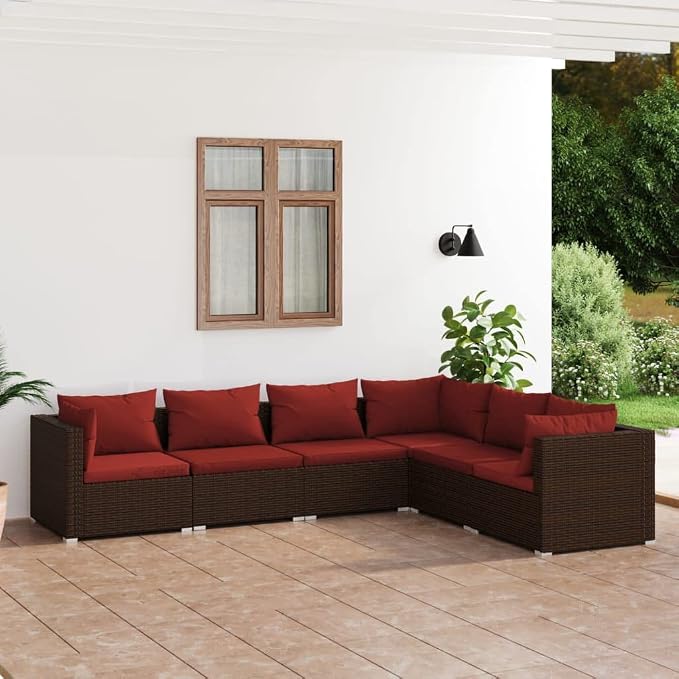 Patio Lounge Set with Cushions,Outdoor Table and Chairs Set,Terrace Conversation Set Furniture,Outdoor Furniture,for Garden,Backyard,6 Piece Poly Rattan Brown