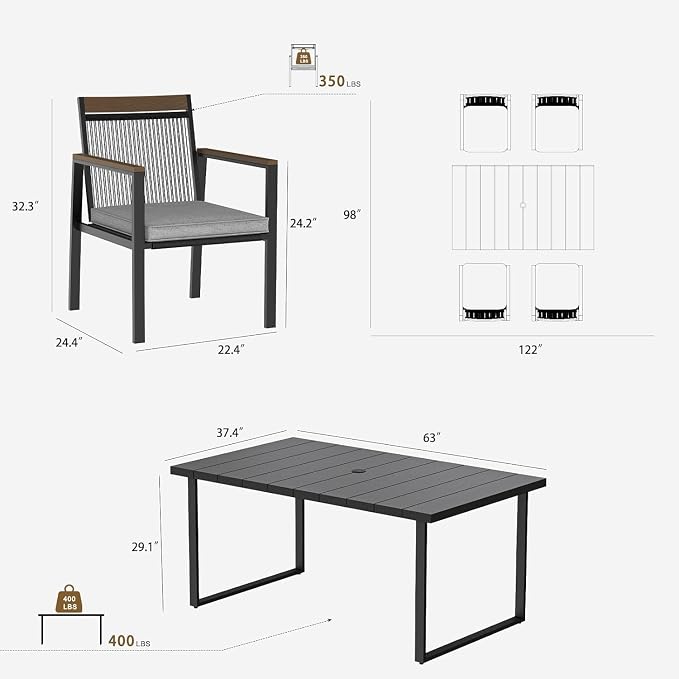 5-Piece Patio Dining Table and Chair Sets, Outdoor Metal Dining Furniture Set with Umbrella Hole, 4pcs Patio Chairs with Cushions for Backyard, Deck (Black/Brown, 5Pcs)