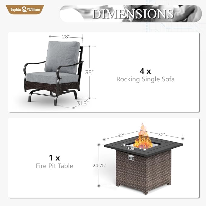 Sophia & William Patio Furniture Set with Fire Pit Table, 5 PCS Metal Outdoor Conversation Set Sofa Couch with Fire Pit Table, 4 Sofa Chairs for Outdoor Seating,Backyard,Porch(Grey)