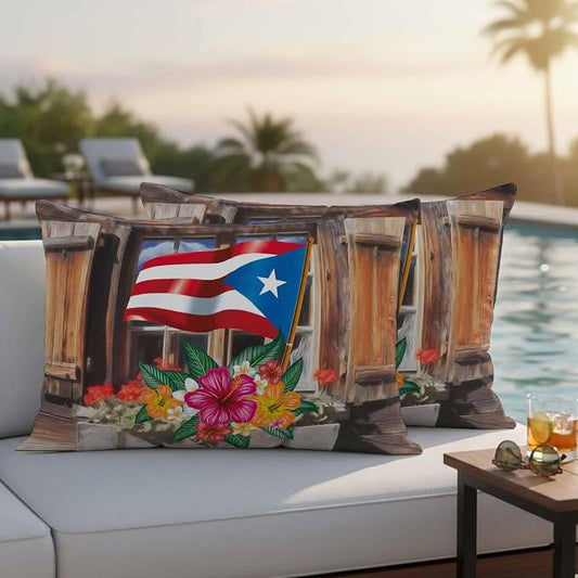 Puerto Rico Flag Outdoor Pillow Covers 20x12 Inch Lumbar Pillow Covers Set of 2 Waterproof Decorative Throw Pillow Cases Farmhouse Retro Flowers American Flags Cushion Covers for Patio Furniture