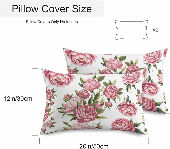 Vandarllin Outdoor Throw Pillows Covers 20x12 inch Set of 2 Waterproof Pink Rose Floral Decorative Zippered Cushion Covers for Patio Furniture, Leaves Flowers Lumbar Pillowcases