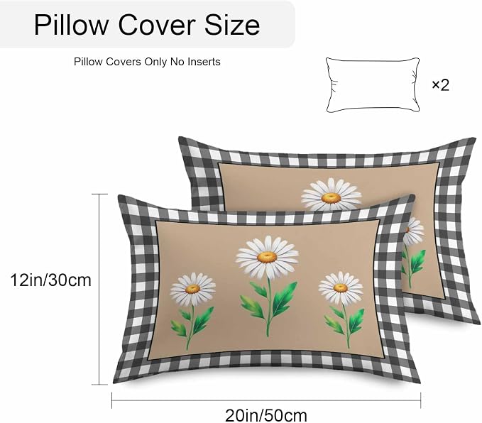 YOKOU Waterproof Throw Pillow Covers, Daisy Flowers Black White Buffalo Check Plaid Decorative Pillowcase Soft Cushion Case for Patio Couch Tent Balcony, Set of 2 Rectangle, 20"X12"