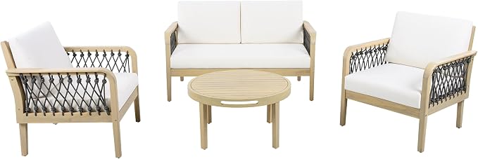 Merax 4-Piece Outdoor Acacia Wood Patio Conversation Set, 2 Club Chairs + Loveseat & Coffee Table with Handwoven Rope & Cushions, Furniture Set for Garden, Balcony, Poolside, Light Teak