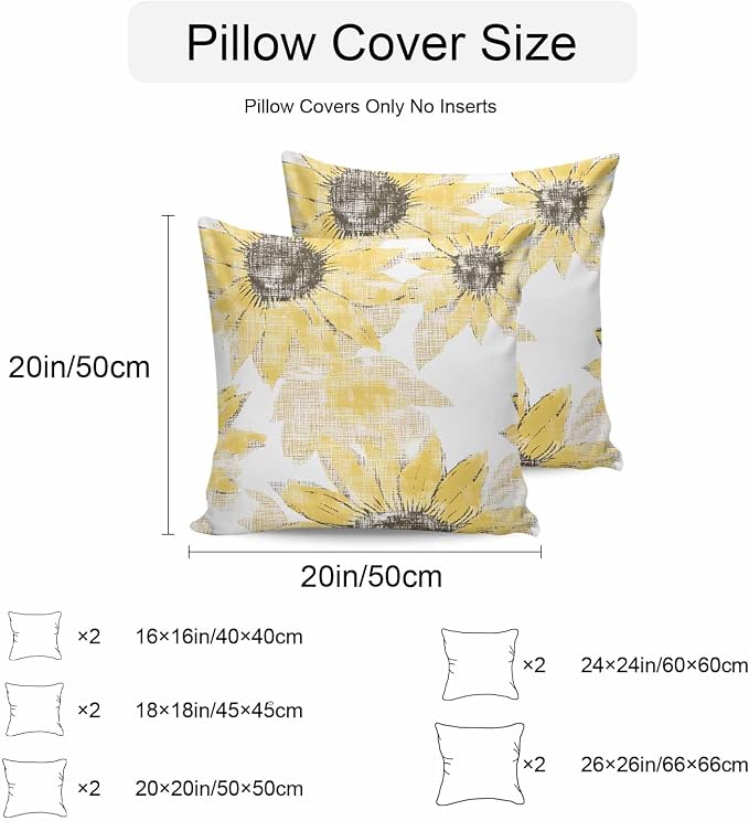 Vandarllin Outdoor Throw Pillows Covers 20x20 inch Set of 2 Waterproof Yellow Sunflower Decorative Zippered Cushion Covers for Patio Furniture, Flower Field Lumbar Pillowcases