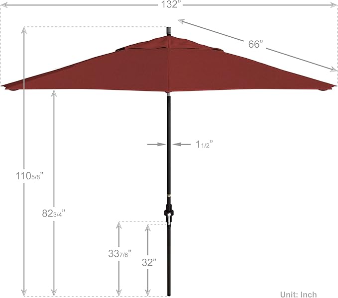 California Umbrella 11Ft Premium Sunbrella Patio Umbrella, Hand-Crank, Tilt-Collar, Bronze Frame, Jockey Red Fabric