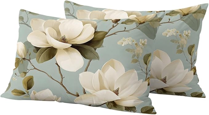 Vintage Floral Outdoor Pillow Covers 20"x12" Set of 2, Magnolia Flowers Branches Rustic Botanical Teal Waterproof Throw Pillow Covers for Patio Furniture, Decorative Cushion Covers for Porch