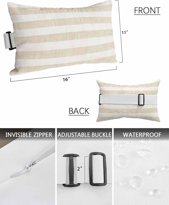 Outdoor Pillows for Chaise Lounge Set of 2 Vintage Brown Lines Headrest Pillow Waterproof Lumbar Pillows with Insert for Beach Chair,Patio Office,Pool Recliner, Vintage Stripes on Linen 11x16IN