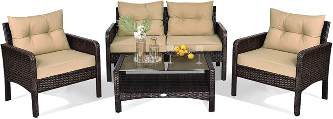 HAPPYGRILL 4-Piece Patio Furniture Outdoor Rattan Wicker Sofa Set with Cushions & Coffee Table with Tempered Glass Table Top and Storage Shelf