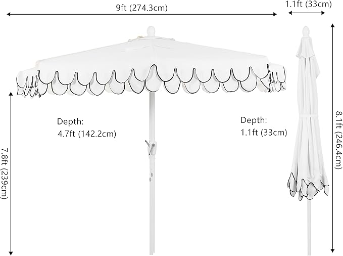 JONATHAN Y Terrace Scalloped 9 ft. Half Round Patio Umbrella with Crank Lift and Tilt, Coastal Semicircle Market Wall Umbrella for Balcony, White/Black, White Pole UMB1202D