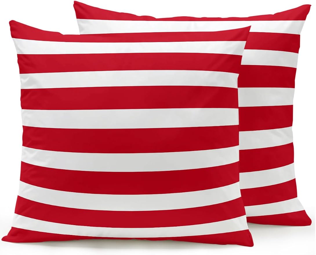 Waterproof Outdoor Pillow Set of 2 Red Stripes Decorative Throw Pillows Cover & Insert 16x16 Inch Pillowcase Classic Striped Lines Square Pillows for Couch Sofa Bed Patio Furniture Indoor Outdoor