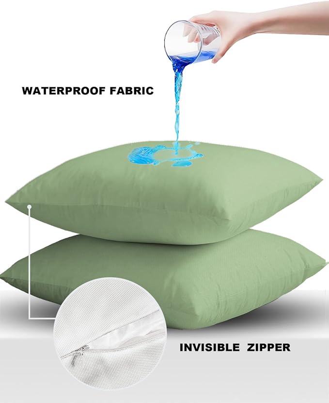 Outdoor Waterproof Throw Pillow Covers Set of 2 Sage Green Pillowcases 18x18 Inches Solid Green Color Patio Decorative Pillows Cushion Case Patio Pillows for Couch Bed Chair Garden