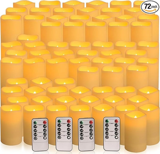 YOROXRG Set of 72 Waterproof Outdoor Flameless Candles, LED Candles with 4 Remote and Timer,(H 4" 5" 6" x D 2.2"),for Halloween Wedding Festiv
