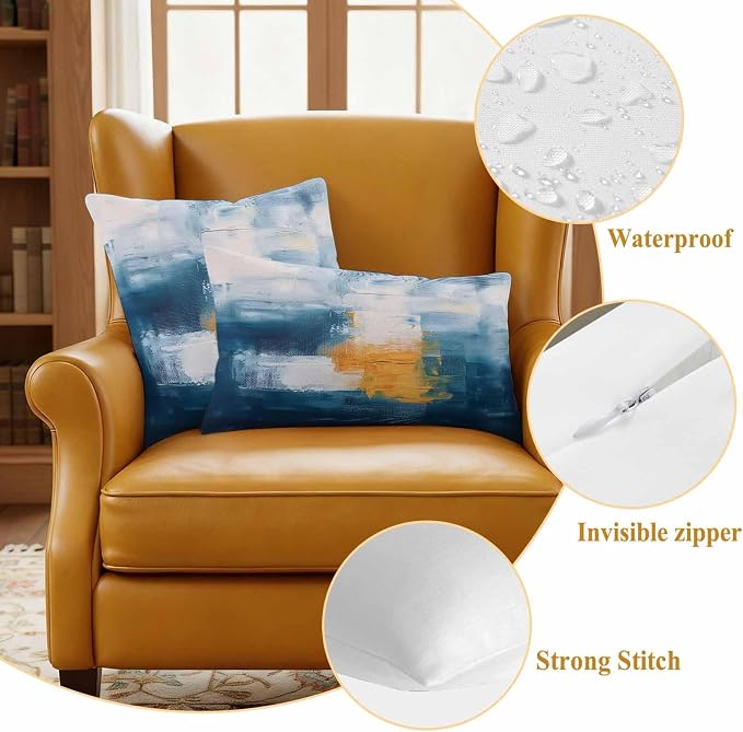 Blue Yellow Outdoor Waterproof Throw Pillow Covers Set of 2, 20"x12", Abstract Oil Painting Decorative Pillow Covers Outside Cushion Case for Patio Porch Garden