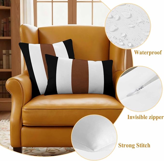 Boho Black Outdoor Waterproof Throw Pillow Covers Set of 2, 20"x12", Brown and White Striped Tribal Farmhouse Style Decorative Pillow Covers Outside Cushion Case for Patio Porch Garden
