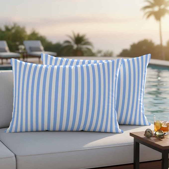 Lumbar Pillow Covers 20x12 Inch Set of 2, Blue White Stripe Waterproof Outdoor Cushion Covers, Modern Minimalist Geometric Striped Decorative Pillowcases for Couch, Sofa, Bed, Garden, Patio