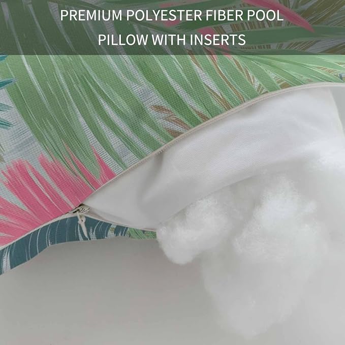 Outdoor Pillow for Chaise Lounge Chair Summer Botanical Palm Leaves Headrest Pillow with Adjustable Elastic Strap Set of 2,12x20 inch, Colorful Tropical Fronds Foliage Head Pillows for Patio Pool