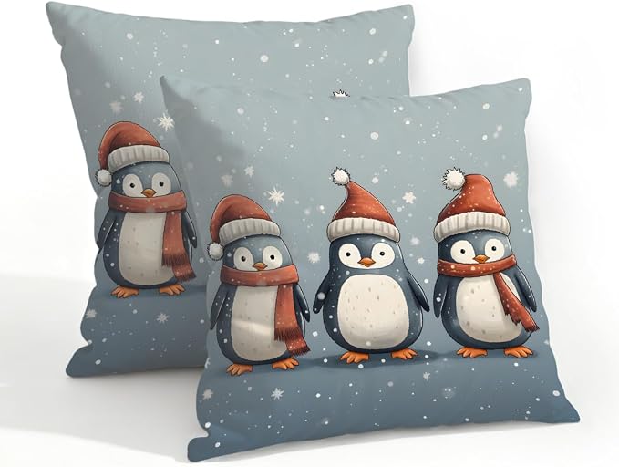 20x20 Inch Outdoor Pillow Covers Set of 2 Waterproof Throw Pillow Covers Decorative Couch Cushion Covers Christmas Penguin Square Pillowcases Protectors for Patio Garden Sofa