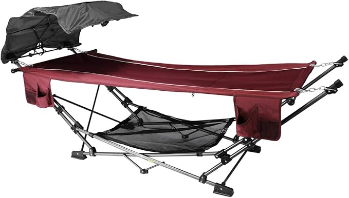 Zenithen Limited Portable Folding Metal Framed Hammock with a Retractable Canopy, Perfect for Camping, Patio, Outdoor, and Relaxing, Side Pockets Included, Red (Pack of 1)