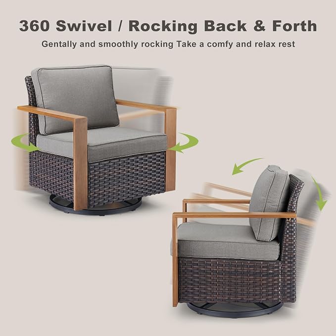 Outdoor Patio Swivel Rocker Chairs - 3 Piece Wicker Patio Furniture Bistro Set with 2 Swivel Rocking Chairs and 1 Metal Side Table,Thick Cushions,Deep Seating for Deck Porch Garden(Brown/Grey)