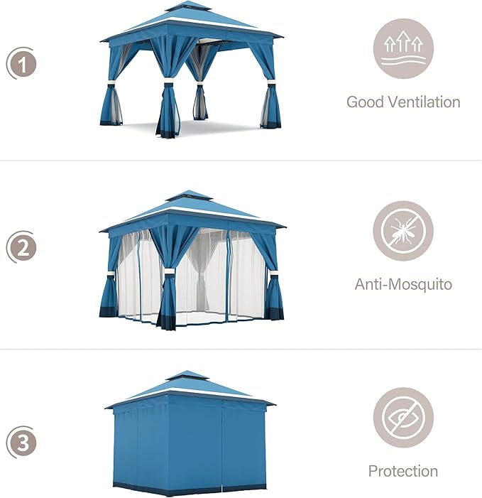 LAUSAINT HOME 10'x10' Outdoor Gazebo, Metal Frame Heavy Duty Patio Canopy Tent Shelter with Double Roofs, Mosquito Nettings and Privacy Screens for Backyard, Garden, Lawn, Steel Blue