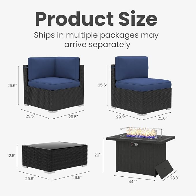 15 Pieces Patio Furniture Set with 44" Propane Gas Fire Pit Table, Outdoor Sectional Wicker Conversation Sofa Sets with Coffee Table