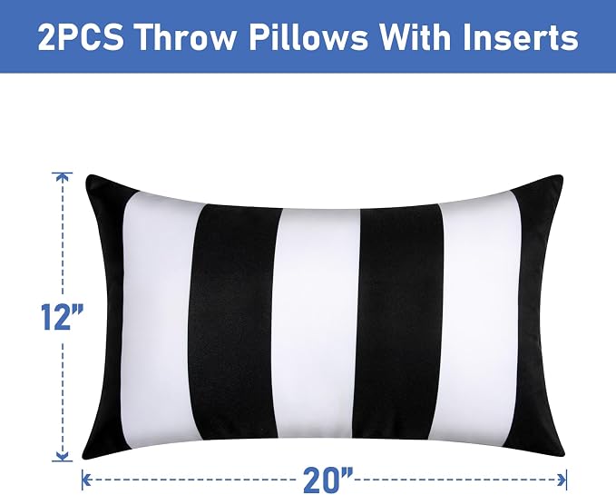 12x20 Waterproof Outdoor Pillows, Set of 2 Outdoor Lumbar Pillows | Patio Furniture Pillows, Decorative Throw Pillows, Waterproof & Fade Resistant, Removable & Washable, Black and White