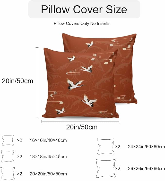 Japanese Style Outdoor Pillow Covers 18x18 Inch Throw Pillow Covers Set of 2 Waterproof Decorative Pillow Cases Vintage Art Cranes Ocean Wave Red Cushion Covers for Patio Furniture Garden Couch Sofa