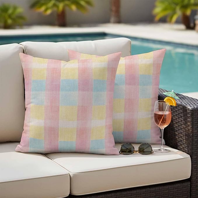 Colorful Plaids Outdoor Waterproof Throw Pillow Covers Set of 2, 26"x26", Pink Blue Yellow Stripes Geometric Rustic Decorative Pillow Covers Outside Cushion Case for Patio Porch Garden