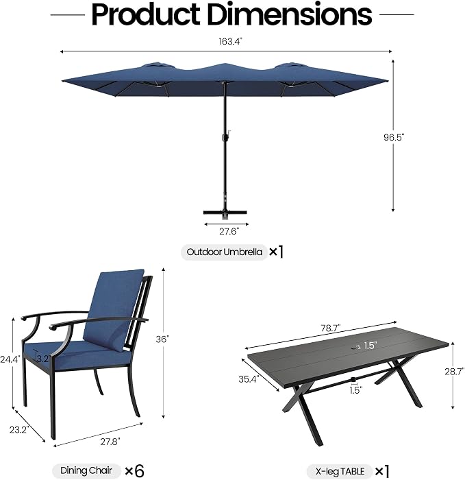 8 PCS Outdoor Patio Dining Set with 13.6ft Double-Sided Patio Umbrella,Patio Table and Chairs Metal Outdoor Patio Furniture Set,Dining Table Set with 6 Chairs,Navy Blue