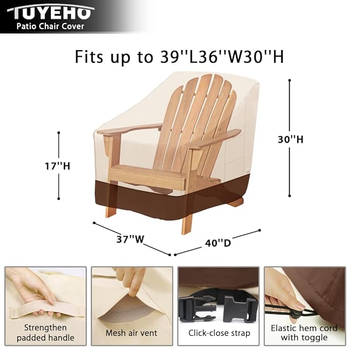 Tuyeho Patio Chair Cover 40 x 37 x 30 inch, 900D Heavy Duty Outdoor Adirondack Chair Cover, Waterproof & Weather Resistant for Your Patio Lounge Deep Seat Chair (Beige & Brown)