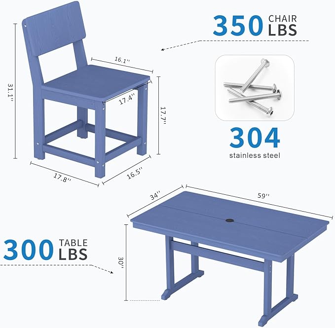 5-Piece HDPE Outdoor Patio Dining Set,Modern Plastic Dining Sets，Patio Table and Chairs Set with Umbrella Hole Cut-Out Table and 4 Chairs Navy