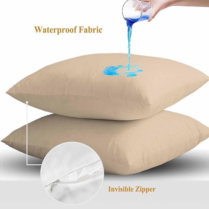 Throw Pillow Covers 18x18 Inch Set of 2, Khaki Solid Color Waterproof Outdoor Pillow Covers, Aesthetics Contemporary Luxury Decorative Cushion Pillowcases for Couch, Sofa, Bed, Garden, Patio