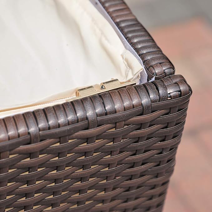 Patiorama Outdoor Wicker Storage Box Patio Aluminum Frame Espresso Brown Wicker Cushion Storage Bin Deck Box, 120 Gallon