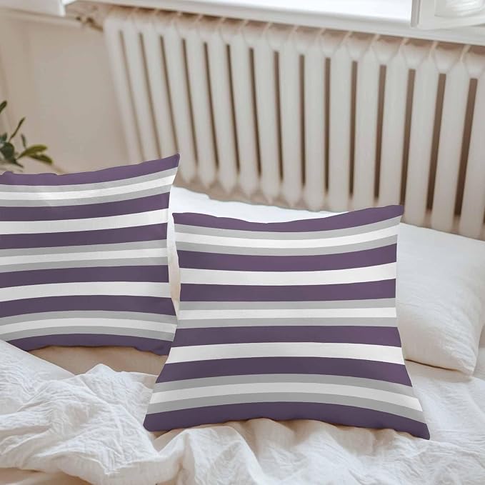Throw Pillow Covers 20x20 Inch Set of 2, Purple Grey Stripe Waterproof Outdoor Pillow Covers, Minimalist Farmhouse Striped Decorative Cushion Pillowcases for Couch, Sofa, Bed, Garden, Patio