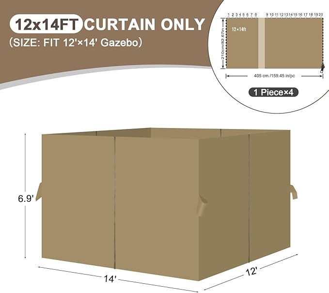 Aoodor 12x14 ft Outdoor Gazebo Curtains, 4 Panels Waterproof Privacy Sidewall Replacement with Zipper for Patio Pergola and Canopy, Khaki