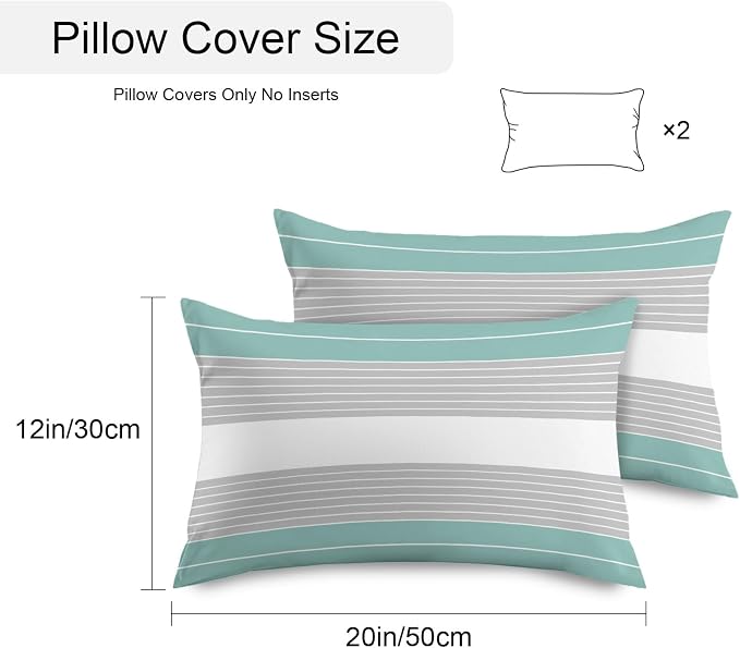 Turquoise Grey Stripe Outdoor Pillow Covers Waterproof, All Weather Cushion Case Set of 2, Modern Art Horizontal Striped Lumbar Pillowcase for Sofa Couch Bed Decor Patio Furniture 20"x12"