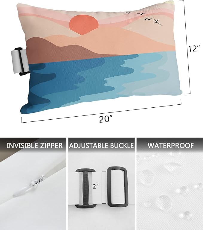 Outdoor Pillows Covers with Inserts Sunset Mountain Beautiful Blue Lake Abstract Painting Waterproof Pillow with Adjustable Strap Throw Pillows for Patio Furniture Recliner Lounge Chair, 12"x20", 1PCS
