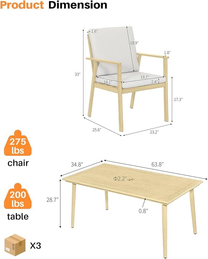 7 Pieces Outdoor Dining Set, Never-Rust Aluminum Patio Furniture Set with Umbrella Hole, All-Weather Outdoor Patio Dining Set for 6, Patio Table and Chair Set for Decks, Garden, Maple Wood