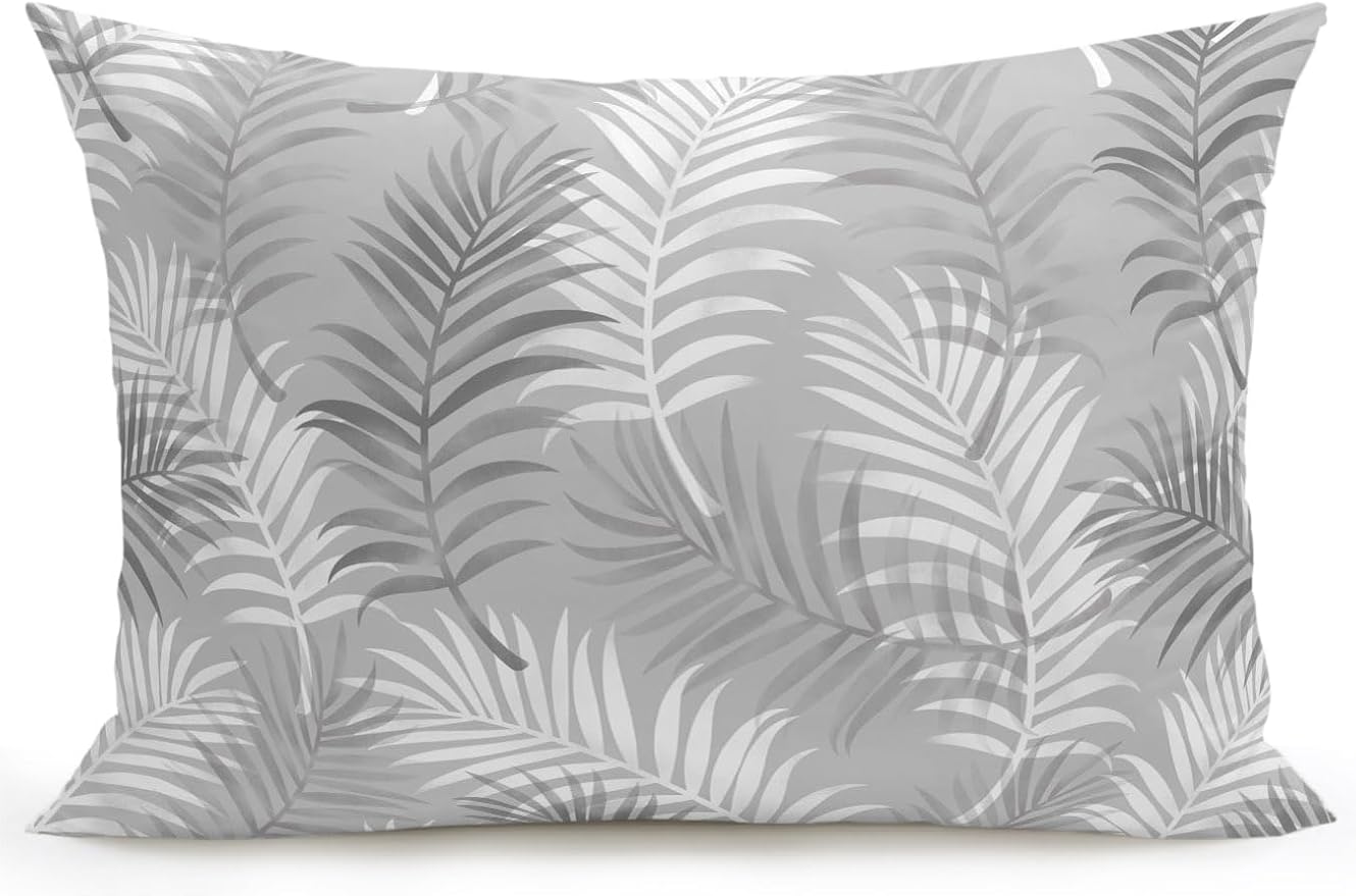 Waterproof Outdoor Pillow 1 Pack Grey Tropical Palm Leaves Decorative Throw Pillows Cover & Insert 20x12 Inch Lumbar Pillowcase Summer Jungle Foliage Pillows for Couch Sofa Bed Patio Furniture