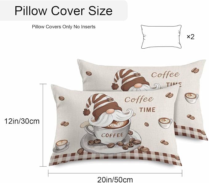 Coffee Gnomes Outdoor Pillow Covers 20x12 Inch Lumbar Pillow Covers Set of 2 Waterproof Decorative Throw Pillow Cases Brown Buffalo Plaid Check Farmhouse Cushion Covers for Patio Furniture Garden