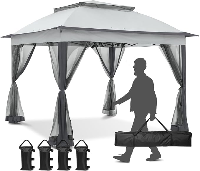 11x11 Pop Up Gazebo Tent with Mesh Netting, Instant Outdoor Canopy with UPF 50+ UV Protection, Water Resistant, Gray