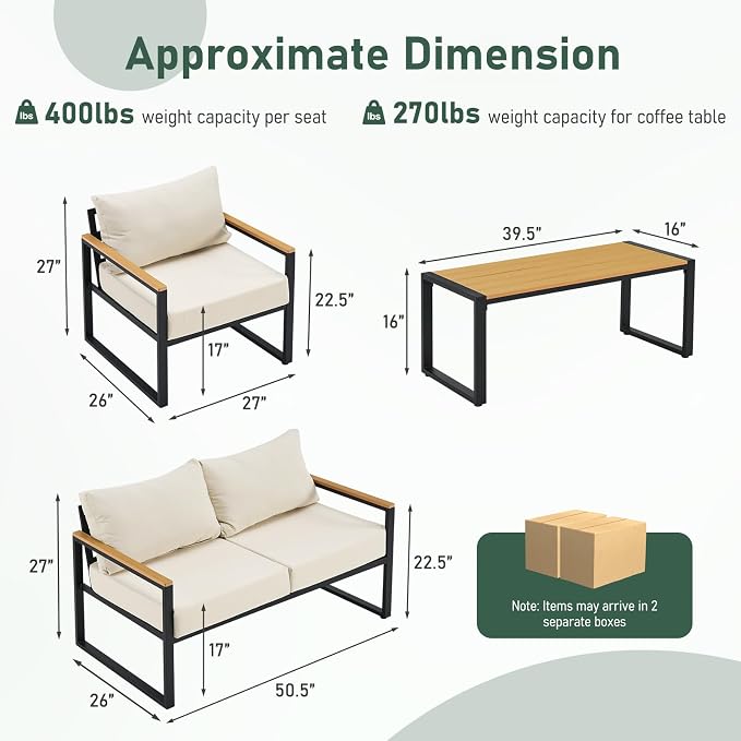Furnimart 4-Piece Metal Patio Conversation Set, Deep Seating Outdoor Sofa with Coffee Table, Modern Small Space Furniture for Backyard, Deck, Poolside, Porch (Beige)