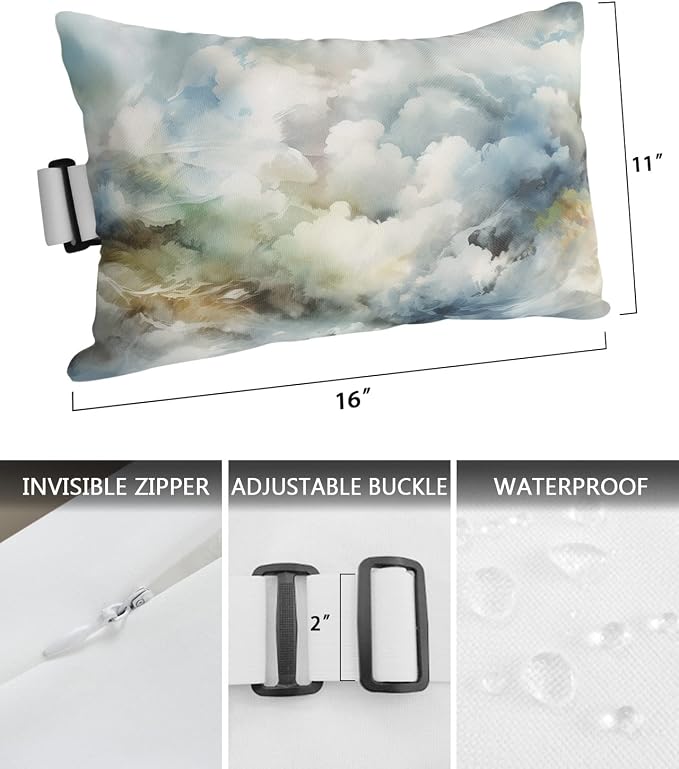Outdoor Pillows Covers with Inserts Abstract Art Clouds and Sky Waterproof Recliner Pillow with Adjustable Strap Throw Pillows for Patio Furniture Pool Lounge Chair, 11x16 inch, 1PCS
