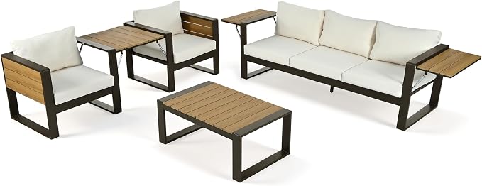 JIVOIT 4-Piece Outdoor Patio Furniture Set for 5 Person, Large Aluminum Frame Conversation Set with 3-Seater Sofa, 2 Armchairs with Fold-Out Side Tables, Modern Garden/Patio Seating, All-Weather Use