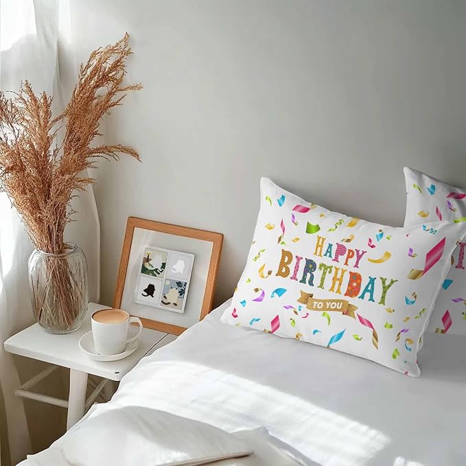 Vandarllin Outdoor Throw Pillows Covers 20x12 inch Set of 2 Waterproof Happy Birthday Decorative Zippered Cushion Covers for Patio Furniture, Colorful Ribbon Celebration Lumbar Pillowcases