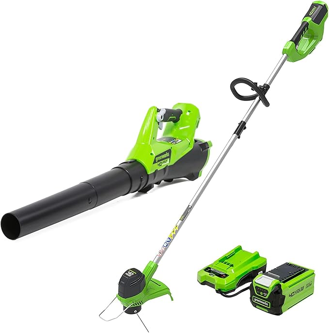 Greenworks Pro 80V 21" Brushless Cordless Lawn Mower, 4.0Ah Battery and 60 Minute Rapid Charger Included & 40V Cordless String Trimmer and Leaf Blower Combo Kit, 2.0Ah Battery and Charger Included