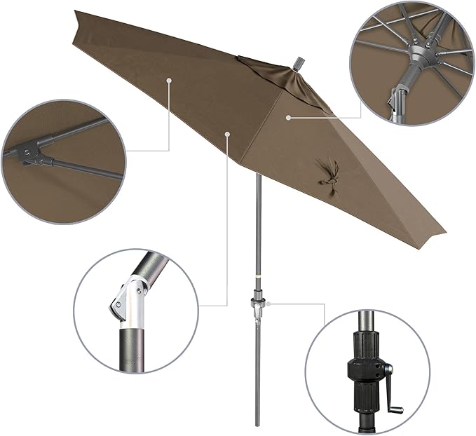 California Umbrella 9' Rd. Crank Lift, Collar Tilt, Aluminum Pole, Fiberglass Rib Patio Umbrella, Hammertone Grey Finish, Sunbrella Taupe