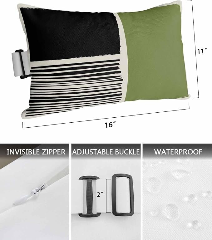 Pack of 2 Outdoor Lumbar Pillow Covers 11x16 Inch, Sage Green Black Waterproof Throw Pillow Covers Set, Farmhouse Striped Modern Abstract Art Outside Decorative Cushion Cases for Patio Porch Car